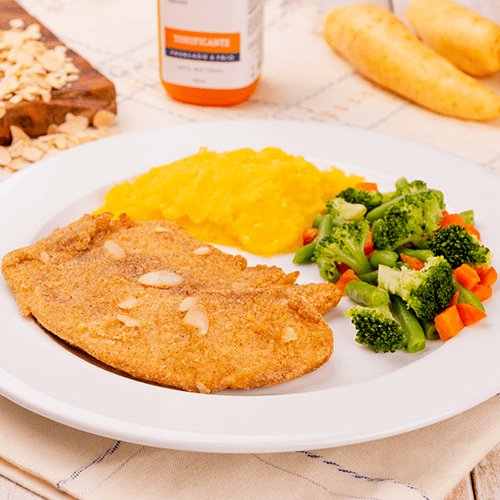 7 – st peter empanado + purê mandioquinha + mix de legumes