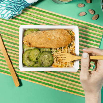 marmita – st petter empanado e assado + arroz integral à grega + abobrinha italiana